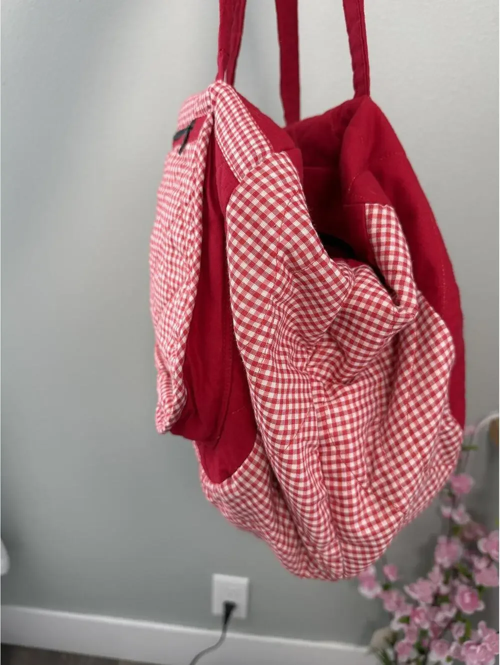 Handmade Gingham Market Tote Duffle Bag with Shoulder Strap